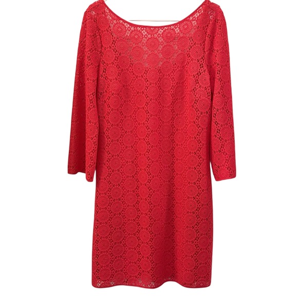 Lilly Pulitzer Coral‎ Lace Shift Dress 3/4 Sleeve Scoop Neck Size L Cocktail